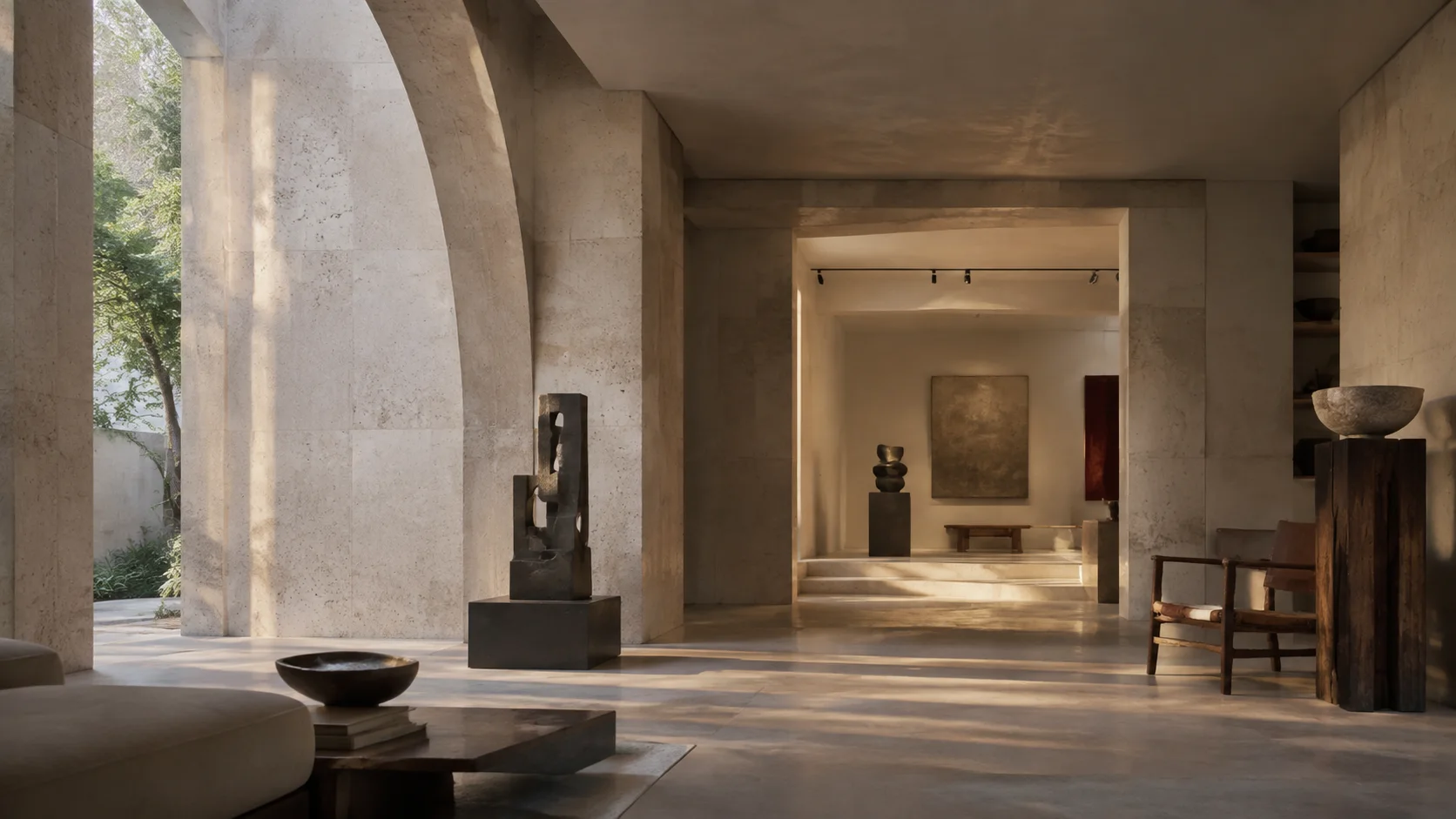Sculptural stone interior bathed in natural light